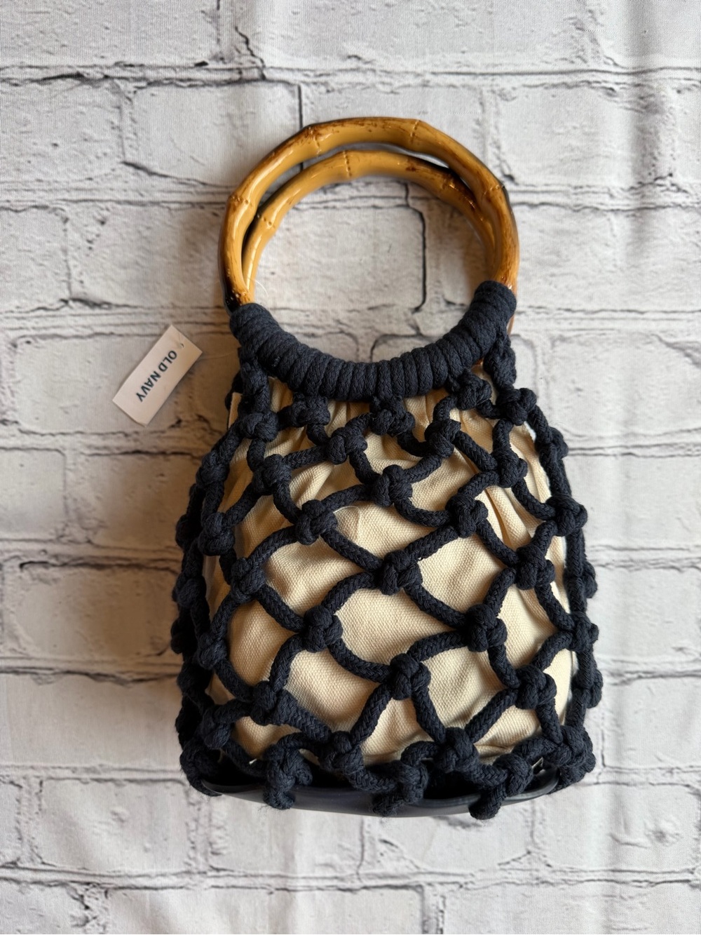 Vintage-Style Woven Net & Bamboo Handle Bucket Bag